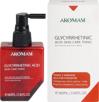 Tonik AROMASE Glycyrrhetinic Acid do skóry głowy w czerwonej butelce z pompką i białym kartonie.