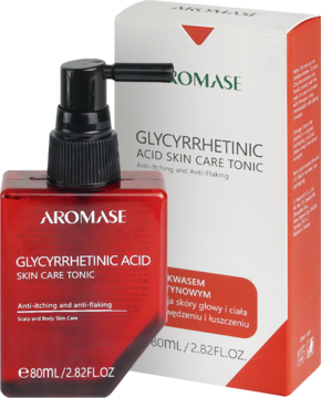Czerwony tonik AROMASE Glycyrrhetinic Acid do skóry, 80ml, z pompką, na tle białego pudełka produktu.