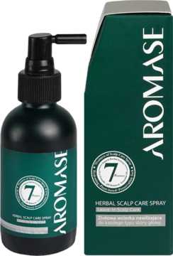 AROMASE Herbal Scalp Care Spray: zielona butelka z pompką i pasujące pudełko. Ziołowa wcierka nawilżająca, widok z przodu.