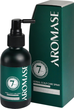AROMASE Herbal Scalp Care Spray, ziołowa wcierka nawilżająca do skóry głowy, zielona butelka z pompką obok pudełka.