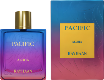 Woda perfumowana Rayhaan Pacific Aloha unisex: butelka z niebiesko-fioletowym gradientem i złota nakrętka, obok pudełko.