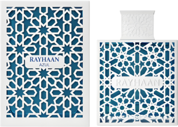 Woda perfumowana męska Rayhaan Azul, białe pudełko i flakon z niebieskim geometrycznym wzorem.