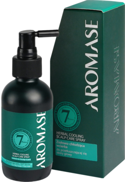 AROMASE Ziołowo-chłodząca wcierka do przetłuszczającej się skóry głowy w ciemnozielonej butelce z pompką i pudełkiem, z przodu.
