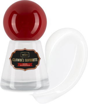 Ujęcie butelki białego, kryjącego podkładu Wibo Clown's Favourite z czerwoną nakrętką. Obok kremowy swatch produktu.