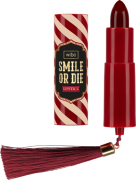 Otwarta burgundowa pomadka Wibo Smile or Die z pudełkiem i dekoracyjnym chwostem, widok z przodu.