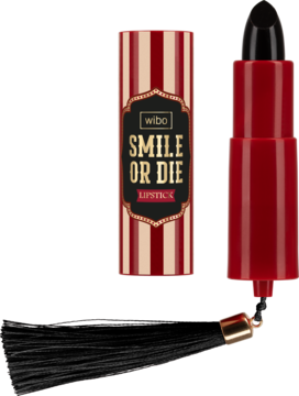 Wibo Smile or Die, czarna pomadka, widok z boku. Czerwona tuba, pasiasta nakrętka i czarny chwost.