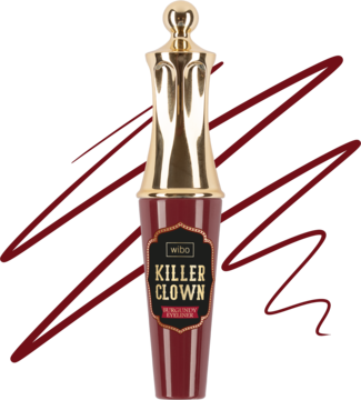 Eyeliner do powiek Wibo Killer Clown, burgundowa butelka ze złotą zakrętką, widok z przodu na czarnym tle.