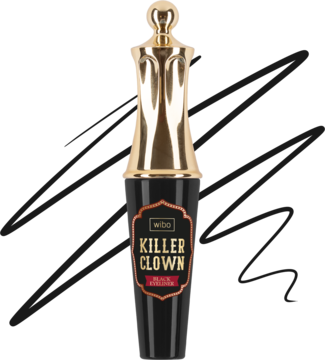Czarny eyeliner WIBO Killer Clown do powiek, intensywny kolor, butelka ze złotą nakrętką, widok z przodu.
