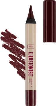 Burgundowa kredka do oczu Wibo Illusionist Kajal, pionowo na czarnym tle, obok zatyczka i swatch.