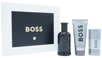 Zestaw prezentowy Hugo Boss Bottled Parfum: białe pudełko, ciemna butelka perfum 100ml, żel 100ml i dezodorant 75g.