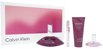 Calvin Klein Euphoria Women gift set with dark pink EDP, body lotion, travel spray, and miniature, on a white box.