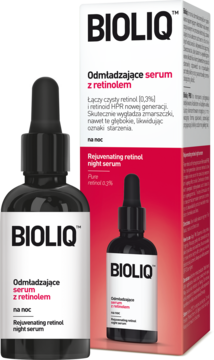 Bioliq Odmładzające serum z retinolem na noc, ciemna butelka z kroplomierzem i biało-czerwone opakowanie.
