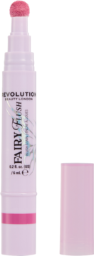 Róż Revolution Fairy Flush w białym aplikatorze z różową gąbką, obok różowa nakrętka, przód, 0.2 fl. oz.