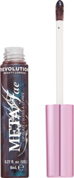 Revolution Beauty London Meta Fae Lip Glaze, otwarty, z aplikatorem i różową zakrętką, metaliczny brązowo-fioletowy.