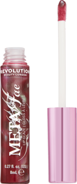 Revolution METAFae lip glaze, shimmering dark pink, in clear bottle with rose gold cap, applicator beside it.