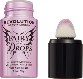 Różowy Revolution Fairy Drops Shimmer Topper, butelka obok odkręconego aplikatora z gąbką, widok z przodu.