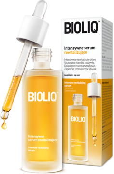 BIOLIQ Intensywne serum rewitalizujące z kawioru, pomarańczowe, butelka z zakraplaczem i kroplą, opakowanie.