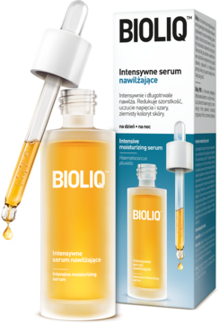 Bioliq Pro Intensywne serum nawilżające w matowej butelce z kroplomierzem, żółty płyn, obok pudełko, widok z przodu.