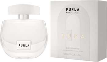 Furla Pura woda perfumowana damska: biała butelka z czarnym logo obok białego pudełka ze złotym napisem Pura.