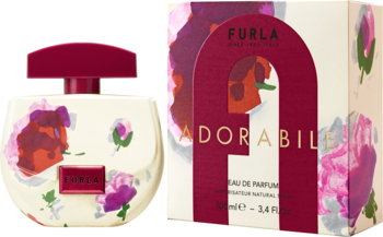 Furla Adorabile EDP, kremowa butelka z czerwonym kwiatowym wzorem i pasujące pudełko. Zapach damski, owocowo-kwiatowy.