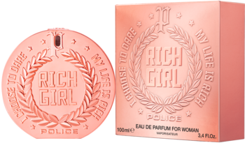 Police Rich Girl, okrągła butelka perfum w kolorze różowego złota z napisem "RICH GIRL" i dopasowane pudełko.