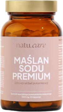 Bursztynowy słoik Maślan Sodu Premium Natu.Care, 90 kapsułek, różowa etykieta, złota zakrętka, widok z przodu.