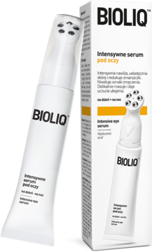 BIOLIQ Intensywne serum pod oczy z kwasem hialuronowym, biała tubka z kulkowym aplikatorem, obok pudełko.