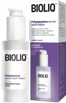 BIOLIQ Polipeptydowe serum ujędrniające w białej butelce z pompką i fioletową etykietą, obok pudełko.