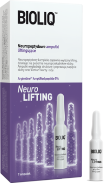 Fioletowe opakowanie Bioliq Neuro Lifting z ampułkami neuropeptydowymi i jedną ampułką obok, widok z przodu.