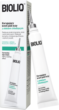 BIOLIQ Korygujący krem pod oczy z efektem chłodzącym, biała tubka z metalowym aplikatorem obok pudełka.