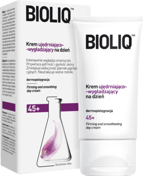 BIOLIQ Krem ujędrniająco-wygładzający na dzień 45+ w białym pudełku i tubce, widok z przodu.