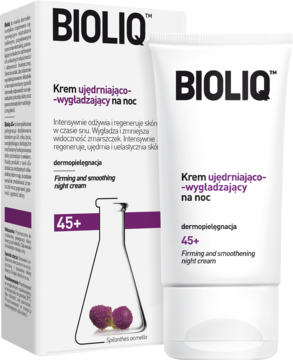 BIOLIQ krem ujędrniająco-wygładzający na noc 45+ w białym kartoniku i tubce z fioletowym logo, ujęcie z przodu.