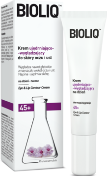 BIOLIQ krem ujędrniająco-wygładzający 45+ do oczu i ust. Biała tubka i pudełko z fioletowymi akcentami.