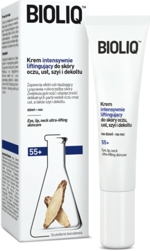 BIOLIQ 55+ krem liftingujący do oczu, ust, szyi, dekoltu. Biała tuba i pudełko z bajkaliną, widok z przodu.