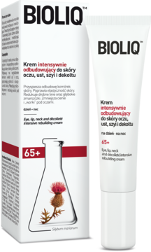 BIOLIQ 65+ krem odbudowujący do oczu, ust, szyi, dekoltu. Białe pudełko i tubka z czerwonymi akcentami, widok z przodu.