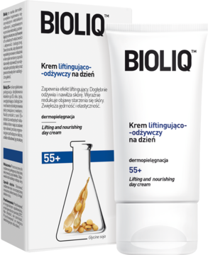 Krem BIOLIQ liftingująco-odżywczy na dzień 55+ w białej tubce i pudełku, z niebieskimi detalami i motywem soi.