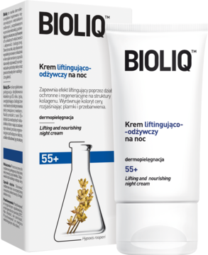 BIOLIQ Krem liftingująco-odżywczy na noc 55+ w białej tubce i pudełku z grafiką kolby, widok z przodu.
