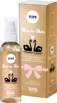 YOPE Skin to Skin olejek do masażu sensualnego w butelce z pompką i złotym pudełku, z czarnymi łabędziami.