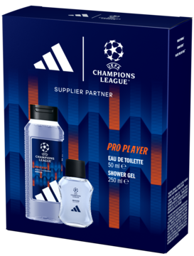 Zestaw Adidas UEFA Champions League Pro Player: EDT 50ml i żel 250ml, granatowo-pomarańczowe pudełko, widok z przodu.