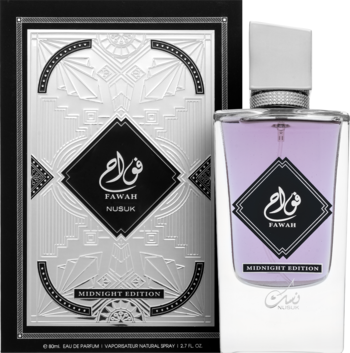 Nusuk Fawah Midnight Edition męska woda perfumowana. Fioletowa butelka obok czarnego, wzorzystego opakowania.