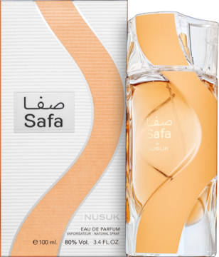 Woda perfumowana unisex Nusuk Safa, butelka i kartonik z pomarańczowym wzorem, słodki, owocowo-gourmandowy.