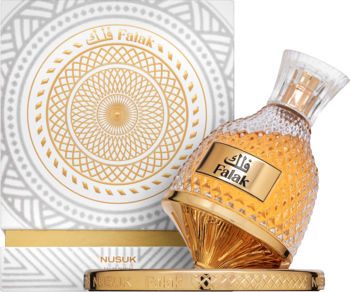 Nusuk Falak ekstrakt perfum unisex. Słodki zapach w złotej butelce i białym pudełku z ornamentem.