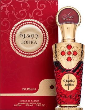 Nusuk Johra Ekstrakt Perfum 100ml dla kobiet, luksusowy flakon czerwono-złoty z orientalnym zdobieniem i pudełkiem.