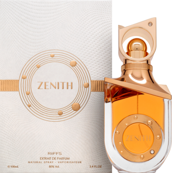 Flakon Riiffs Zenith EDP unisex, złoty z płynem w kolorze bursztynu obok białego pudełka z okrągłym zdobieniem.