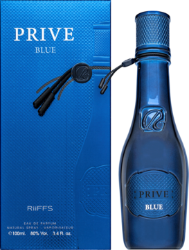 Riiffs Prive Blue męskie perfumy. Granatowa butelka z fakturą i pudełko z boku, intensywny, korzenny zapach.