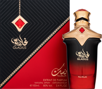 Ekstrakt perfum unisex Nusuk Gladius, wyrazisty zapach. Flakon czarno-czerwony ombre, złoty korek. Obok pasujące pudełko.