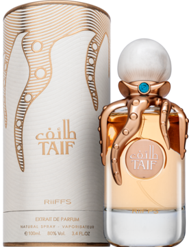 Ekstrakt perfum unisex Riiffs Taif: butelka z unikalnymi mackami i muszlowym korkiem, obok złoto-białe pudełko.