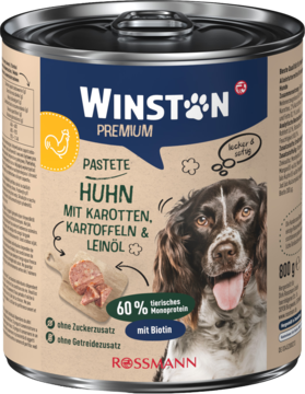 Winston Premium karma dla psa, pasztet z kurczakiem, marchwią, ziemniakami i olejem lnianym, w puszce, widok z przodu.