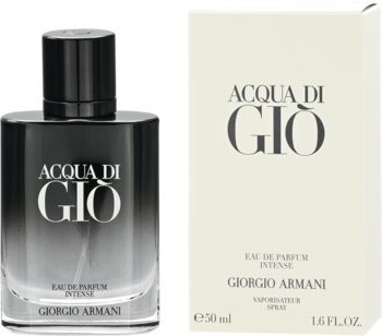 Męska woda perfumowana Giorgio Armani Acqua di Gio Intense w butelce z czarnym gradientem i kremowym pudełku, widok z przodu.