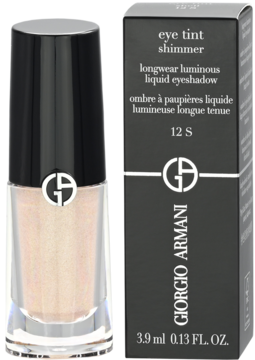 Giorgio Armani Eye Tint Shimmer 12S, beżowy płynny cień do powiek w butelce z czarnym opakowaniem.